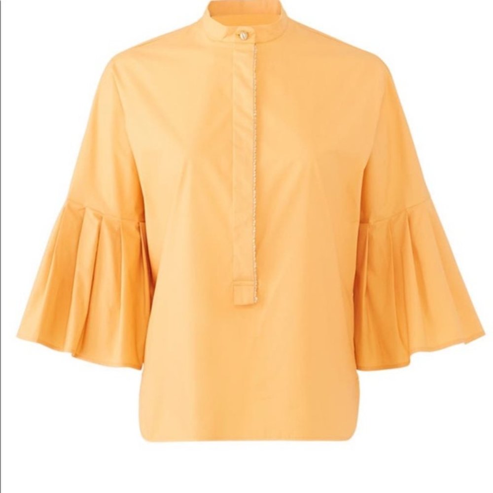 Genny Pleated Poplin Bell Sleeve Top Gold Trim Placket SZ US 4 Made In Italy - Picture 5 of 5